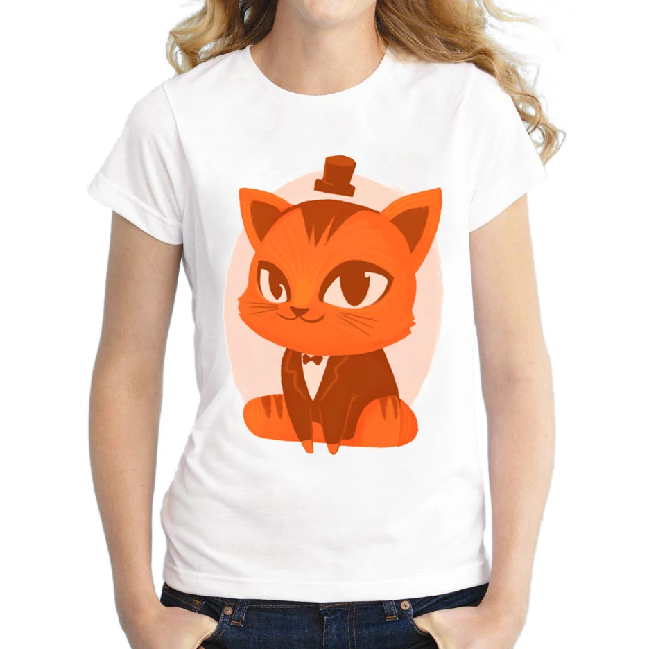 Cat in a hat Fashion Design Red Cat Printed women t shirt White Girl