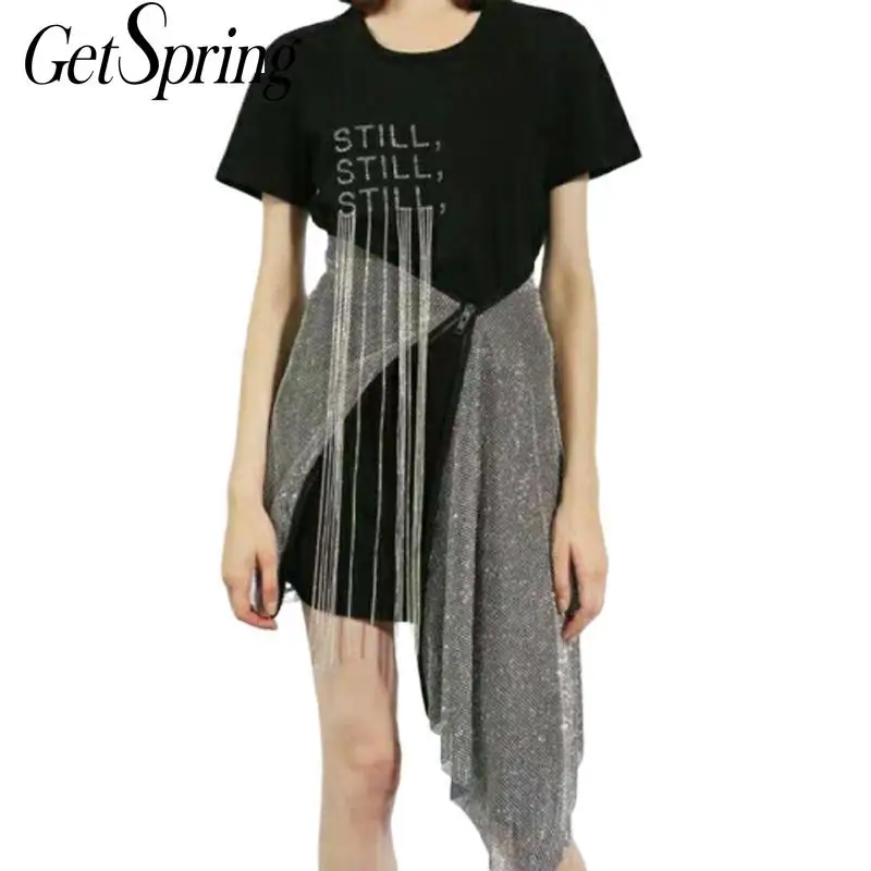 

GetSpring Women Set Black White Letter Tassel Splice Cotton T-shirt High Waist Irregular 2 Piece Set Women 2018 New Fashion Sets