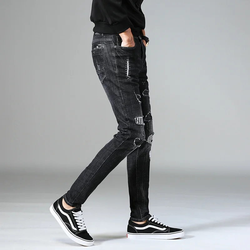UMMEWALO/черные обтягивающие мужские джинсы Дизайнерские повседневные рваные джинсы из хлопка стрейч узкие джинсы мужские качественные