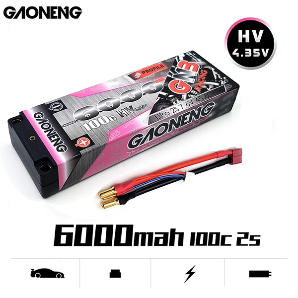 Gaoneng GNB 6000/8000mAh 100C 2S 7,6 V HV 4,35 V перезаряжаемая Lipo батарея 5,0 мм разъем типа "банан" Т-образный разъем для 1:10 RC автомобилей лодки - Цвет: 6000mAh 2S 7.6V 100C