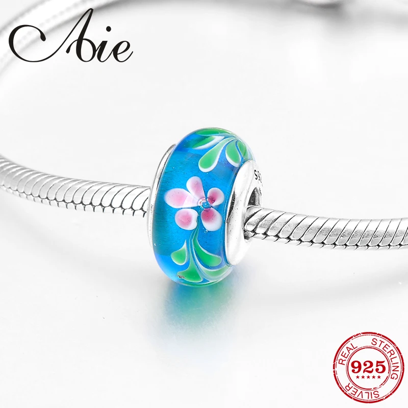 Hot 925 Sterling Silver fine lotus green leaf pattern blue Murano Glass Bead Fit Original Pandora Charms Bracelet Jewelry making | Украшения