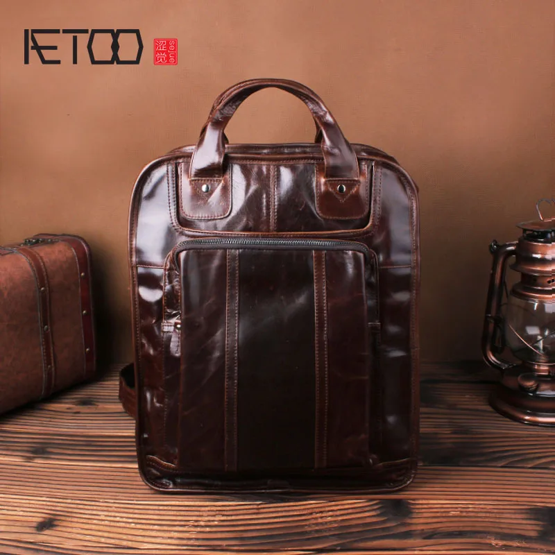 

AETOO Shoulder bag male leather retro oil wax cowhide shoulder shoulder business casual computer bag travel backpack