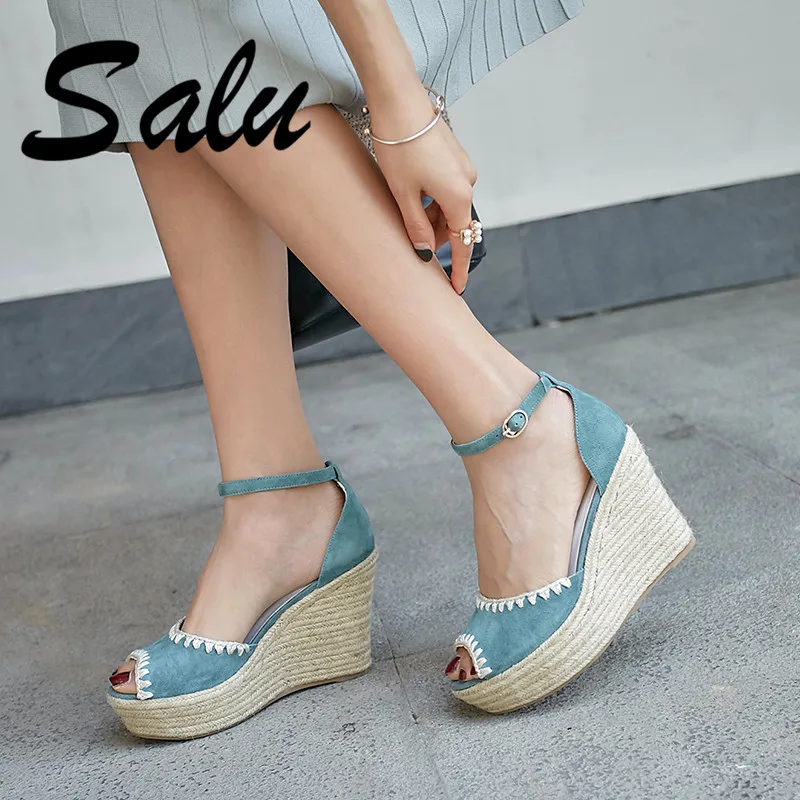 

Salu 2019 Fashion Women Sandals Suede Leather Platforms Prom Party Wedding Summer Shoes Woman Wedges Heels Rome Basic Sandals