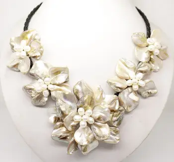 

Classic baroque freshwater cultured pearl shell flower leather weave necklace Bridal Wedding word jewelryCZ Luxury Ms. girl