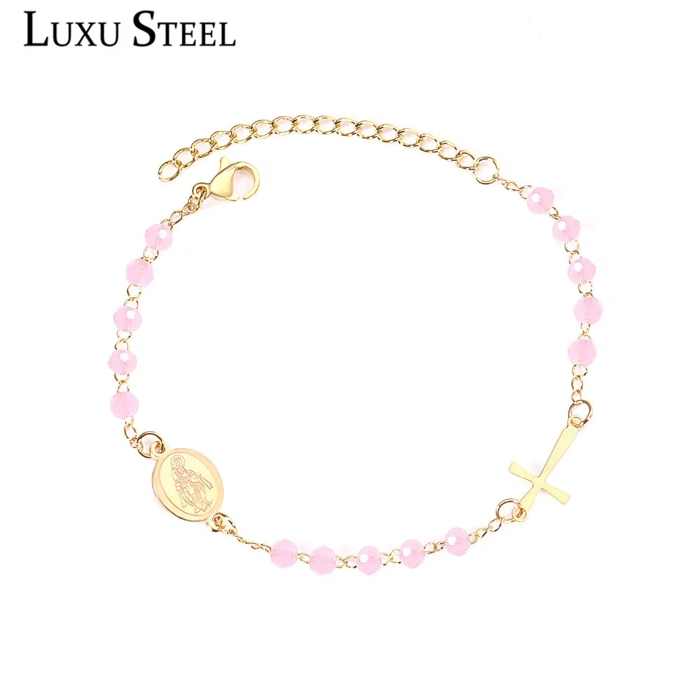 

LUXUSTEEL Black/Red/Pink/Blue/Light Blue/Light Green Crystal Beaded Bracelets Stainless Steel Extender Chain Bracelets For Women