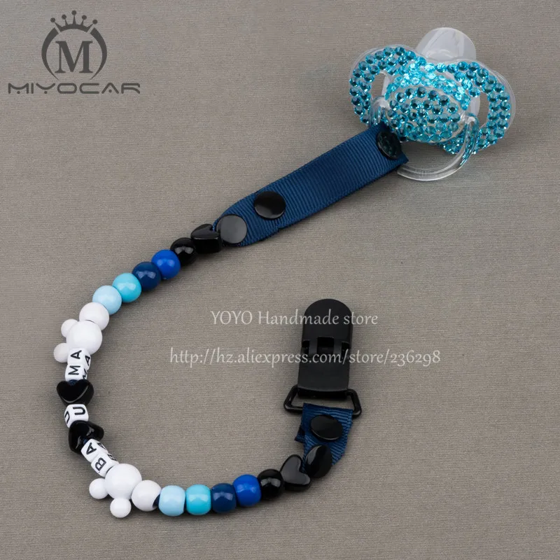 

MIYOCAR Personalised -Any name 2016 Hand made blue white beads dummy clip holder pacifier clips soother chain for baby
