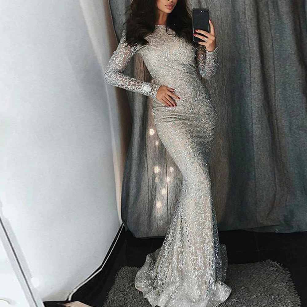 

new hot women's sequin dress silver round long-sleeved bag hip dress bohemian style mermaid dress