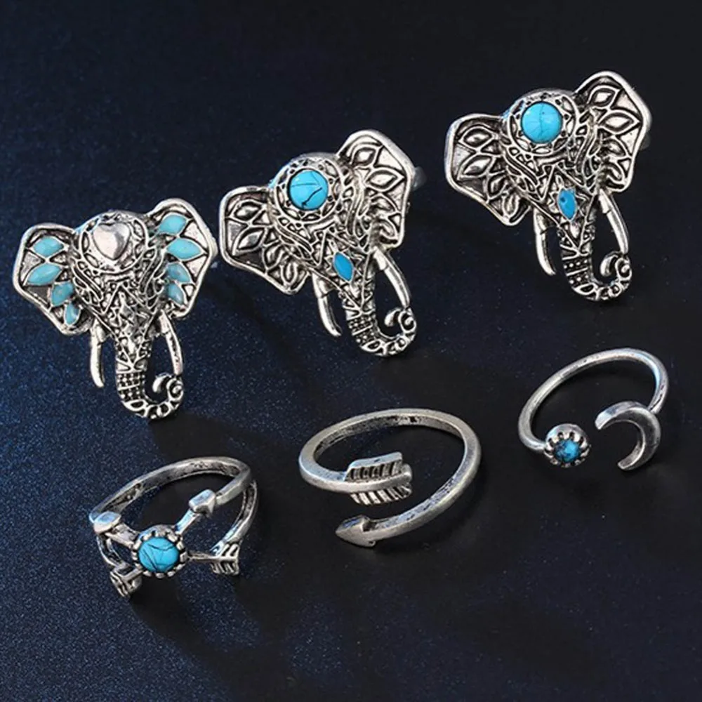 

6pcs/lot New Bohemian Elephants Ring Set Turkish Retro For Women Stone Knuckle Ring