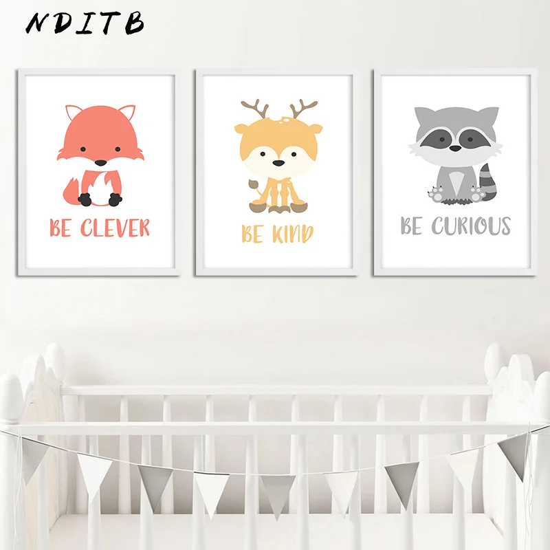 

NDITB Baby Nursery Wall Art Canvas Painting Woodland Animal Cartoon Posters and Prints Nordic Kids Decoration Pictures