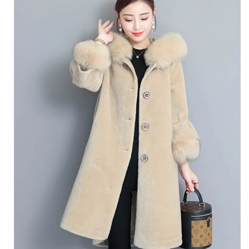 HANZANGL 2018 Winter Wool Coat Women's Faux Fur Coat Long Sleeve Fox Fur Hooded Warm Cashmere Jacket Overcoat Plus size S-3XL
