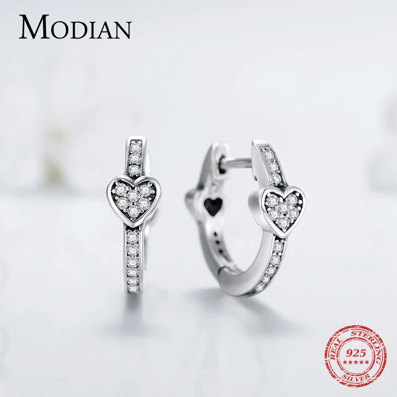 Modian Charm Fashion 100% Real 925 Sterling Silver Hearts Dazzling CZ Hoop Earrings For Women Crystal Sterling Silver Jewelry
