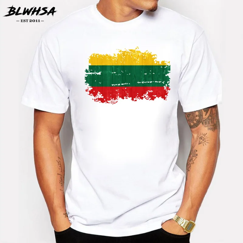 BLWHSA Excellent Quality Cotton T Shirt Men Clothing Basic Mens T-shirts Print Lithuania National Flag Nostalgic Style Tshirt