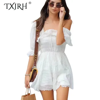 

TXJRH Elegant Ruffles Trim Half Puff Sleeve Square Collar Low-cut Waist Lacing up Bow Pleated Swing Mini A-Line Dress 2 Colors