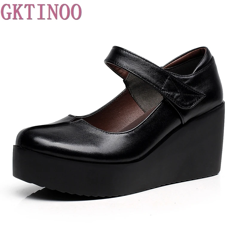 GKTINOO 2021 весенние кожаные женские туфли лодочки Модные на платформе танкетке с