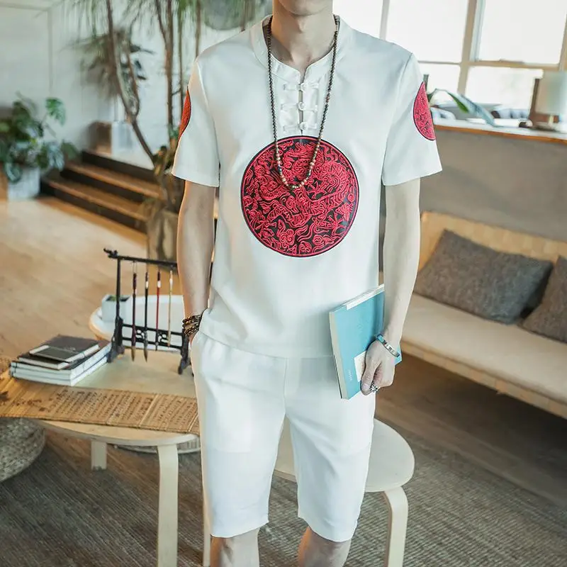 

Loldeal Summer Suit Chinese Robes Embroidered Linen Short-sleeved T-shirt Shorts Suit