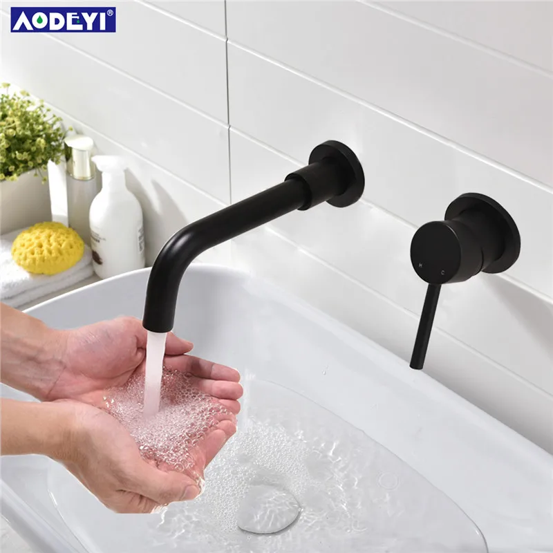 Matte Black Brass Wall Mounted Basin Faucet Single Handle Bathroom Mixer Tap Hot Cold Sink Faucet Rotation Spout,Burnished Gold Matte Black Brass Wall Mounted Basin Faucet Single Handle Bathroom Mixer Tap Hot Cold Sink Faucet Rotation Spout,Burnished Gold