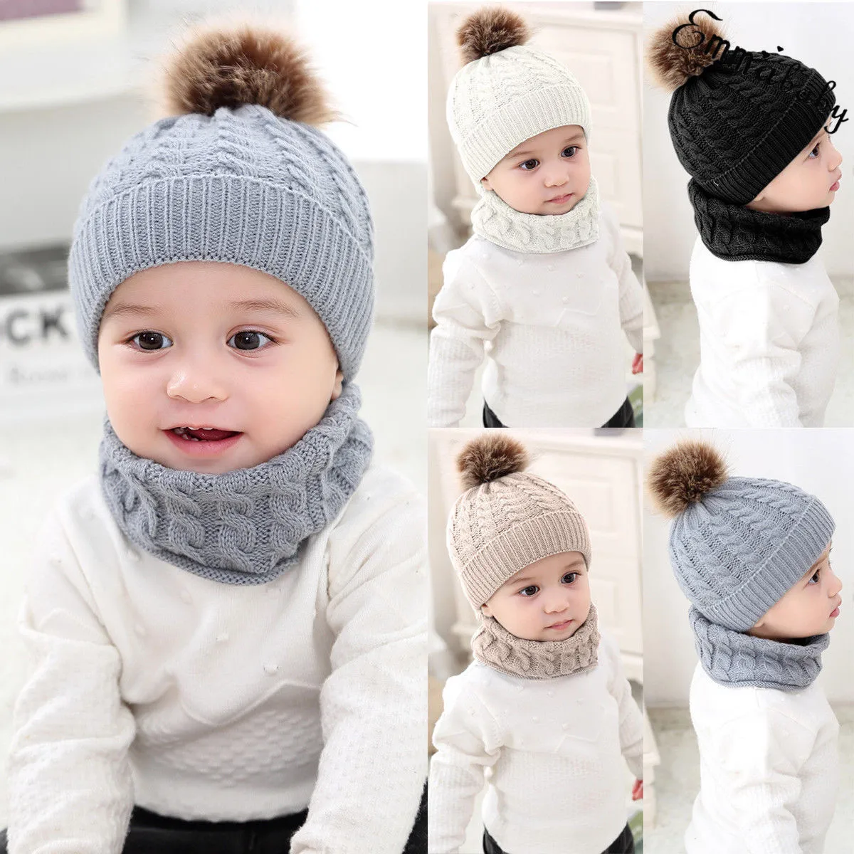 Осенняя шапка для маленьких мальчиков и девочек, меховая шапка с помпоном, зимний теплый вязаный шапка с помпоном, шарф, мягкий материал, модная шапка для новорожденных