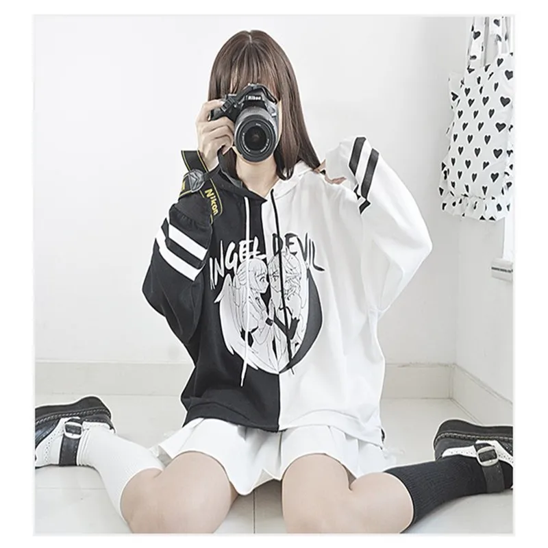  Merry Pretty Kawaii Women Hooded Hoodies Long Sleeve Lovely Patchwork Cute Girls Sweet Sweatshirt F