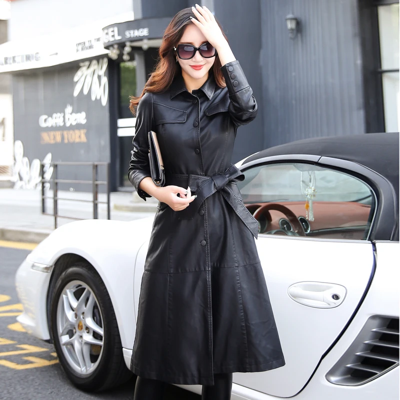

Turn Collar Single Covered Button Outerwear Long Leather Jacket Women Fashion Coat Female M-5XL Plus Size Black Red Army Green