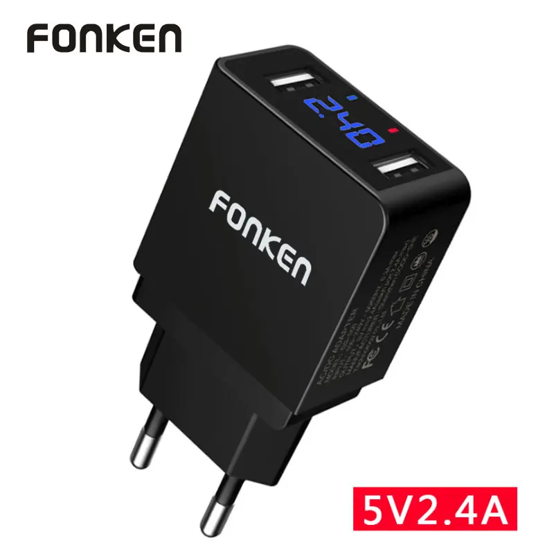 Светодиодный дисплей FONKEN, двойное зарядное устройство USB, макс. A, зарядка для телефона, умная быстрая зарядка, 2 порта, настенное зарядное устройство для мобильного телефона, адаптер