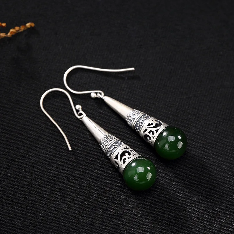 

New Fashion Silver S925 Sterling Silver Antique Inlaid Field Jade Jade Beads, Ladies High-end Earrings Wholesale