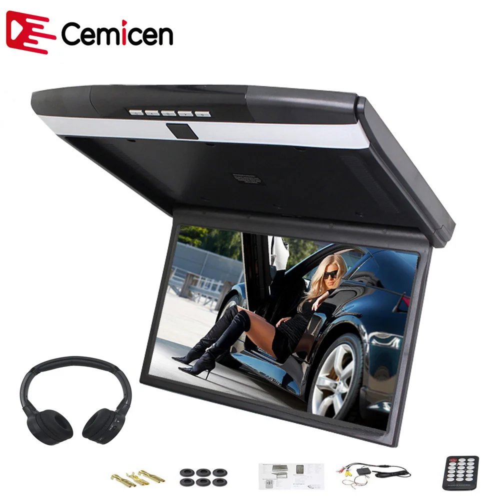 Cemicen 17,3 дюймов Автомобильная крыша флип-Маунт монитор Поддержка HD 1080P IR/FM передатчик USB SD HDMI Встроенный динамик/микрофон