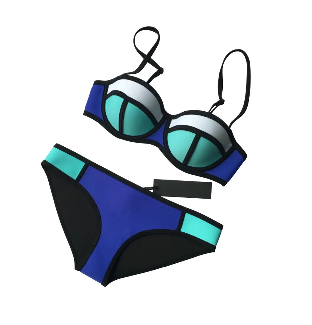 

MUXILOVE 2016 High Quality Color Conjoin PUSH UP Women Neoprene Bikini Set Swimwear Swimsuit Bathing Suit Biquini