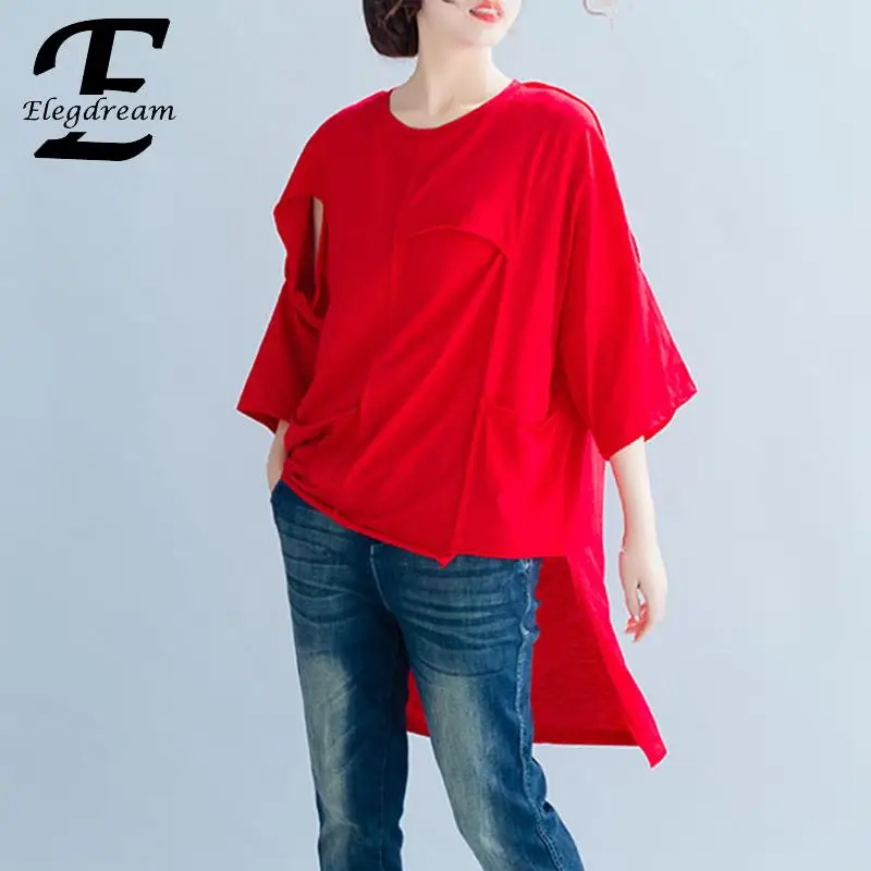 

Elegdream Plus Size Women Clothing Fashion Hole Top Tee Shirt Ladies Casual Short in Front Long in Back Red T-Shirt Female Blusa