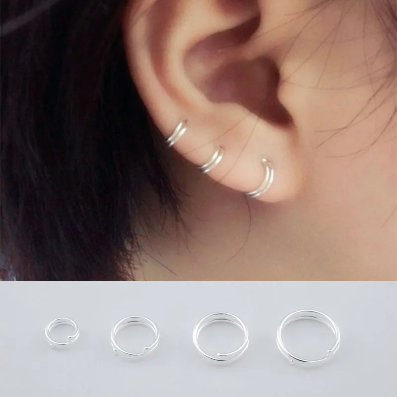 

2PCS/Pair 100% Real 925 Sterling Silver Earrings for Women Men Girls Boys Double Loops Hoop Earrings Unisex Aros Aretes Jewelry