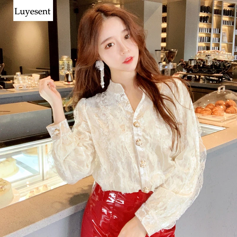 

Women VELOUR Lace Patchwork Elegant Spring Blouse Femme Single Breasted Vintage Stand Neck Blouses 2019 Korea Style Basic OL Top