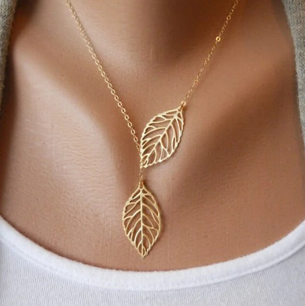 Simple-European-New-Fashion-Vintage-Punk-Gold-Hollow-2-Leaves-Pendant-Necklace-Clavicle-Chain-Charm-Jewelry
