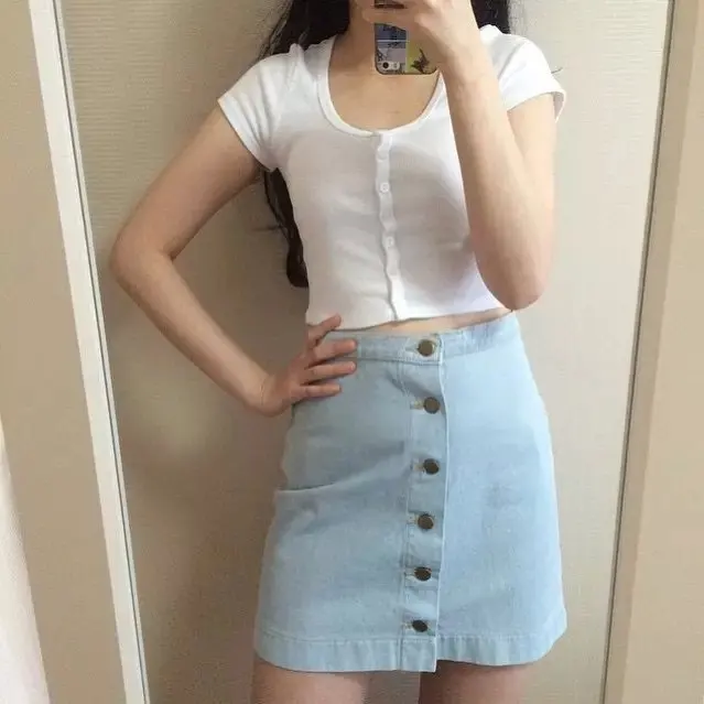 button front denim mini skirt