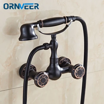 

Wholesale Black Oil Rubbed Solid brass wall mounted bathroom shower faucet with handheld showers Faucet 3-functions Mixer Valve