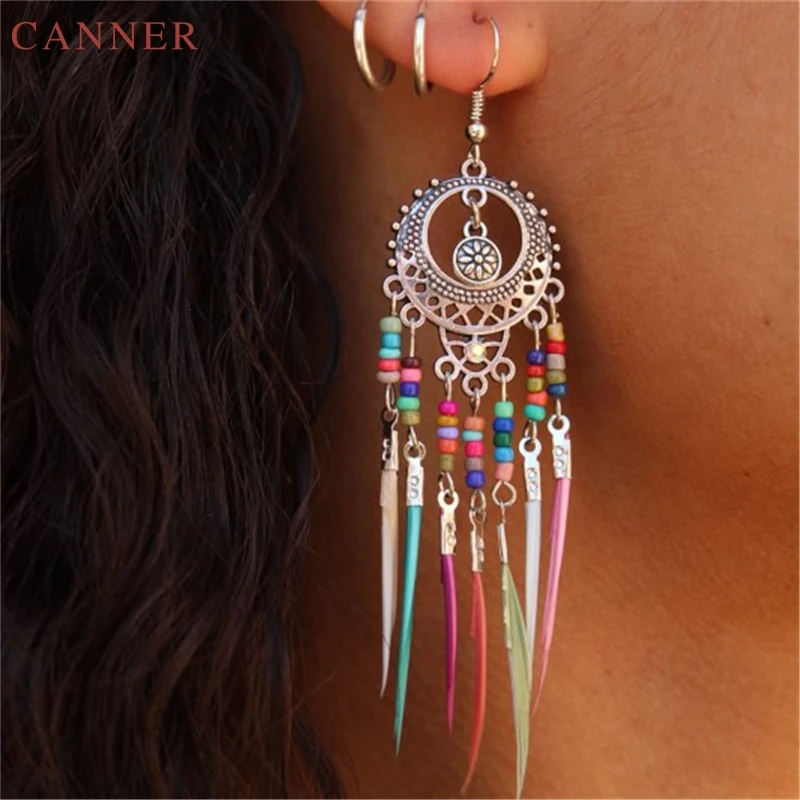 Antique Gold Silver Color Vintage Ethnic Colorful Feather Dangle Drop Earrings for Women Female 2019 Wedding Party Jewelry C35
