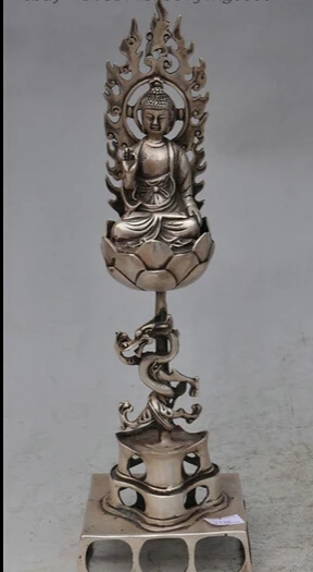 

005126 13"Tibet Silver Dragon Shakyamuni Sakyamuni Buddha Bronze Temple Amitabha Statue