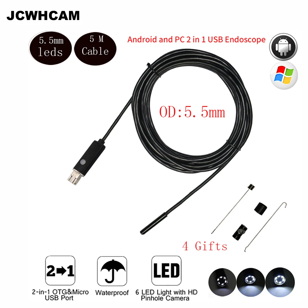 Водонепроницаемый эндоскоп JCWHCAM с объективом 5 мм USB м 6 светодиодов|usb android