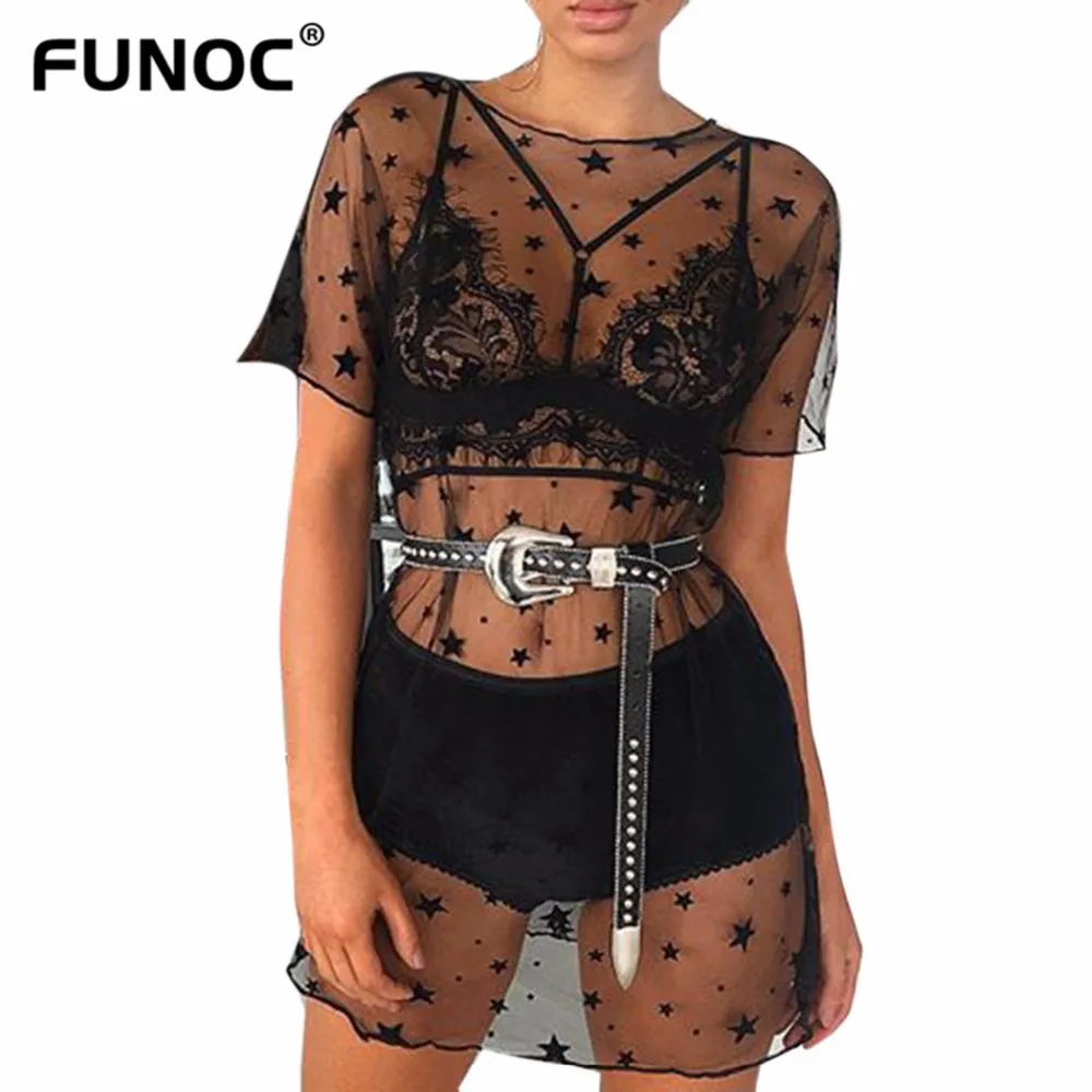 

Funoc New Summer Sexy skirt Women Lace Embroidery Hollow Out Star Applique Mesh Mini skirts Casual Party Robe Femme