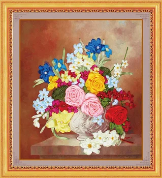 

blooming rose silk ribbon embroidery 3D canvas painting satin cross stitch kit needlework handcraft gift DIY home wall decorate