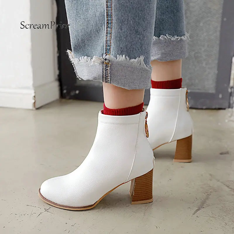 

FeamlePU Leather Thick High Heel Ankle Boots Fashion Zipper Booties Women Comfort Round Toe Fall Winter Shoes Black White