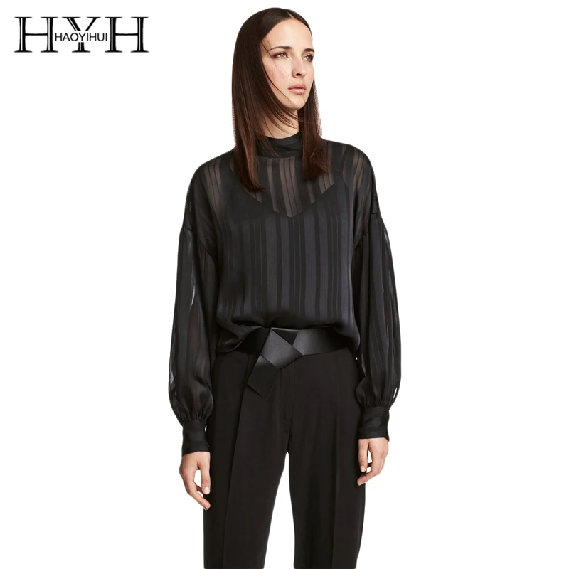 

HYH HAOYIHUI Brand Women Black Sexy Sheer Shirts Stand Collar Lantern Sleeve Hollow Out Blouses Female Buttons Tops Lady