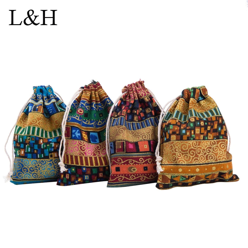 

10pcs Bohemian Multicolored Linen Fabric Drawstring Packaging Bags Reusable Handmade Jewelry Wedding Gift Pouch Bags 12*9.5cm