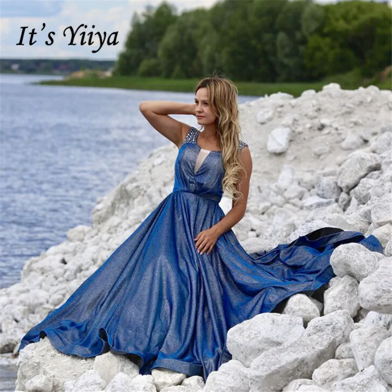 

It's YiiYa Evening Dress V-neck Shining Crystal Little Train Long Party Gown Lace Up Blue Sleeveless A-line Formal Dresses E072