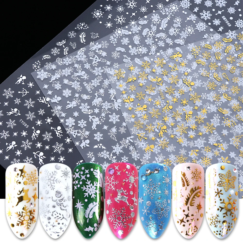 

36 Designs Nail Stickers Winter Snow Flakes Xmas Wraps Feather 3D Shiny Gold Silver White Adhesive Decals Nail Decor BETY/SMY