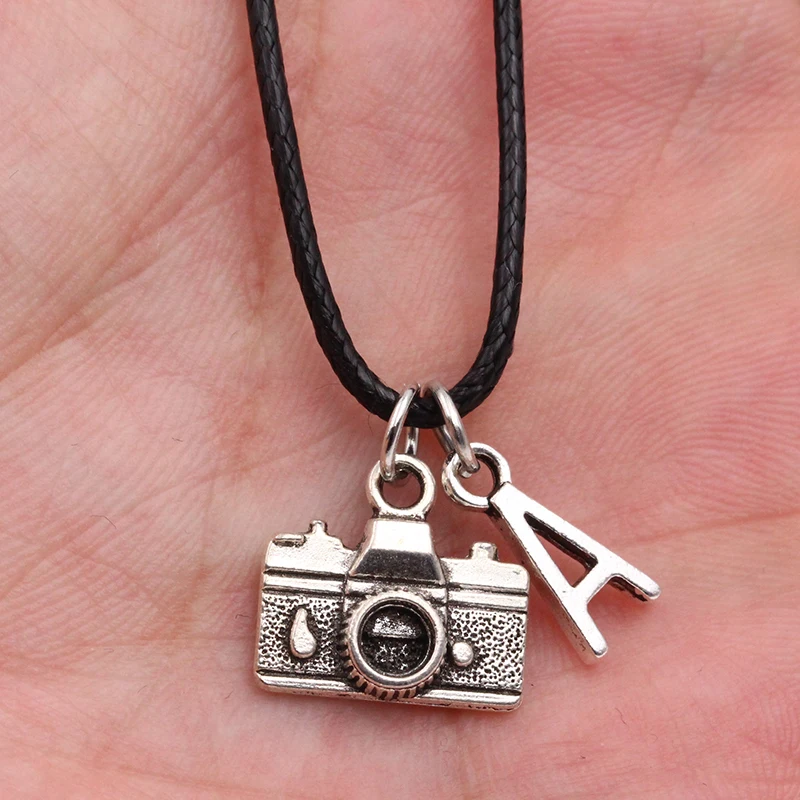 New A-Z Letter Digital Camera DIY Tibetan Silver Pendant Black Leather Necklace Handmade Fashion Jewelry for Men Women Gift