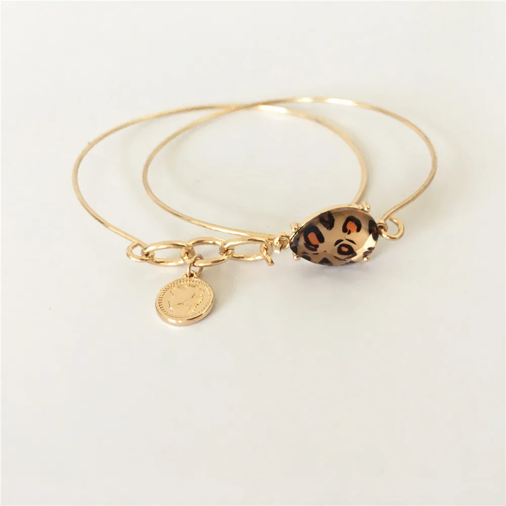 

CHIC GOLD COLOR PLATING LEOPARD PRINT CHARM WITH SMALL COIN CHARM BANGLE SET FOR WOMEN