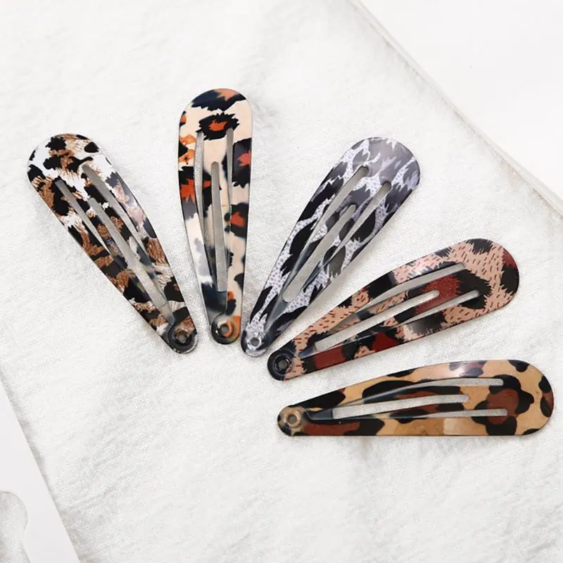 

5Pcs Women Boho Vintage Colored Leopard Printed Hair Clips Metal Alloy Water Drop Shape BB Hairpins Baking Paint Snap Barrettes