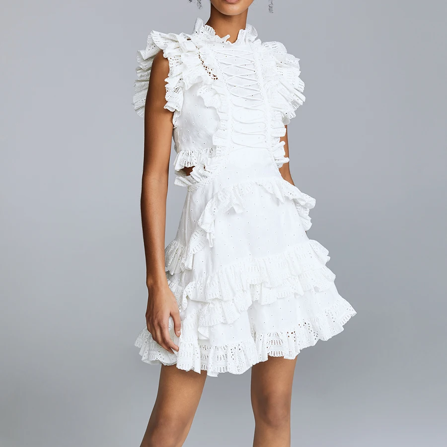 Летнее однотонное белое милое женское платье с перекрестной шнуровкой и оборками, элегантное кружевное платье без рукавов с открытыми плечами, мини-платье