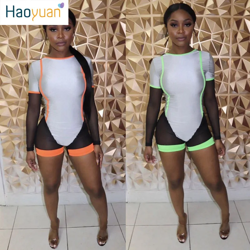 

HAOYUAN Streetwear Playsuit Women Neon Stripe Mesh Splice Long Sleeve Sexy Body Bodycon Overalls Biker Shorts Rompers Jumpsuit