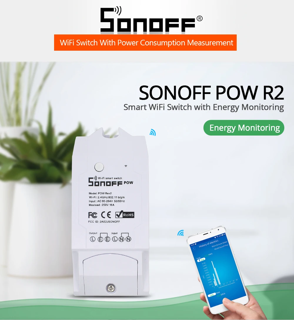 Sonoff Pow R2 15A умный Wifi переключатель монитор мощности Измерение домашней энергии Беспроводная защита от перегрузки Дистанционное Голосовое управление для дома