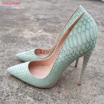 

Vinapobo Sexy Women Snake Skin Pringting High Heel Shoes Italian Style Green Fashion Ladies Extremely High Stilettos Heel Women